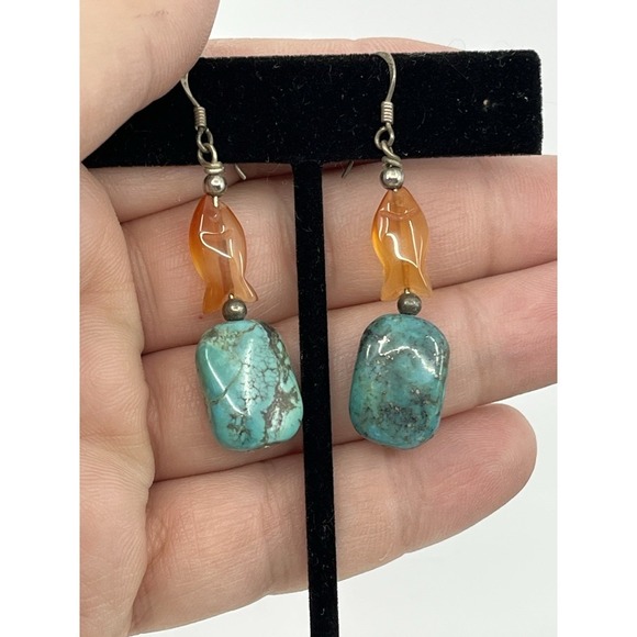 Lucite Fish & turquoise dangle earrings 2" Long Western Outdoors Aztec Country - Picture 2 of 7
